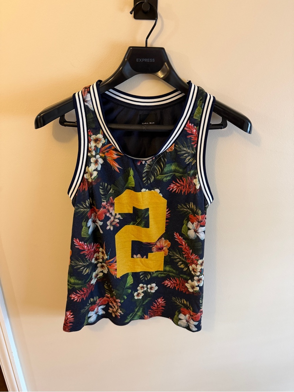 Zara navy floral tank with yellow accent